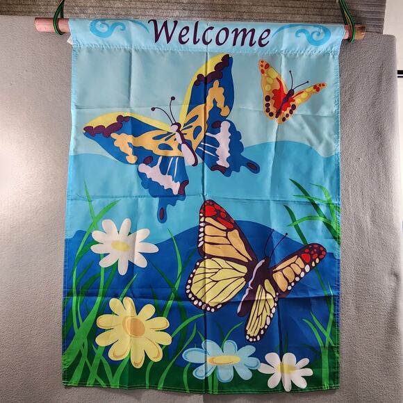 WELCOME Butterflies Floral Garden Flag Banner Double Sided Fabric Yard 29x39 - Picture 1 of 5